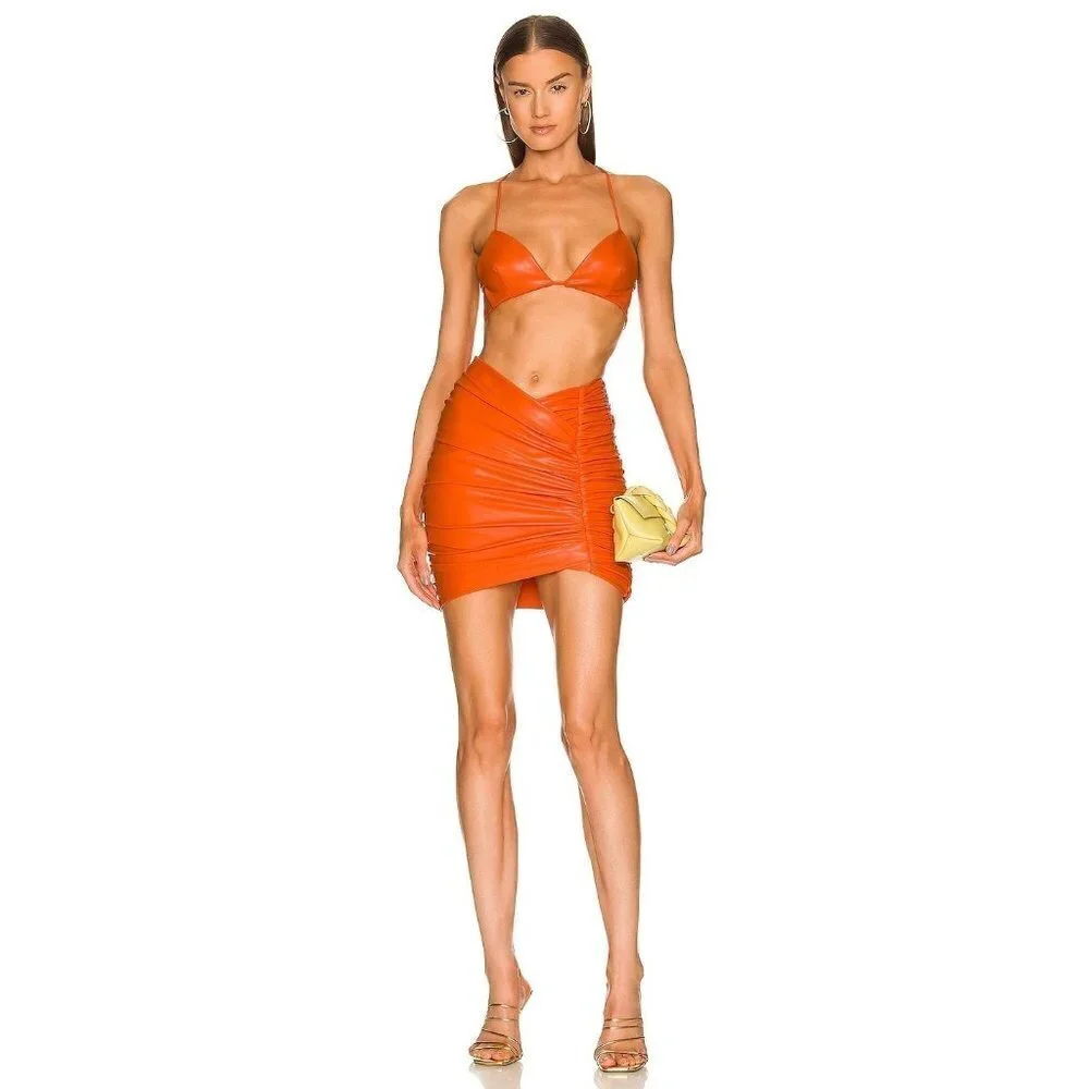 Michael Costello Torin Faux Leather Mini Skirt in Orange XSmall New Womens